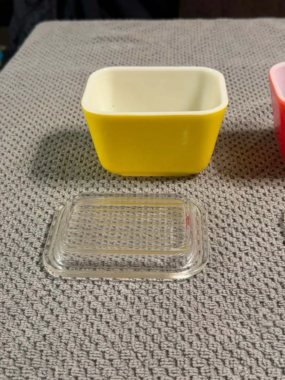 Vintage Pyrex 501 1.5 Cup Refrigerator Dish Set - Yellow, Red, Blue